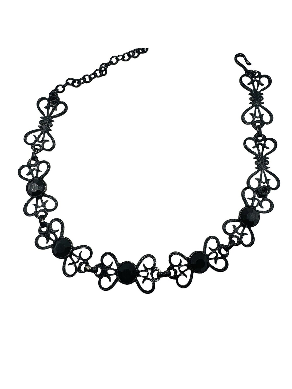 Vintage Black Filigree Choker Necklace Gothic Whimsigoth Metal Link Rhinestone
